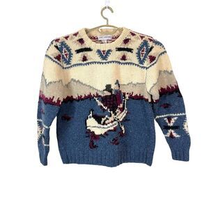 Canoe Boating Scene Sweater Wool Grandpa Dad John Ashford Mountain Size M Retro